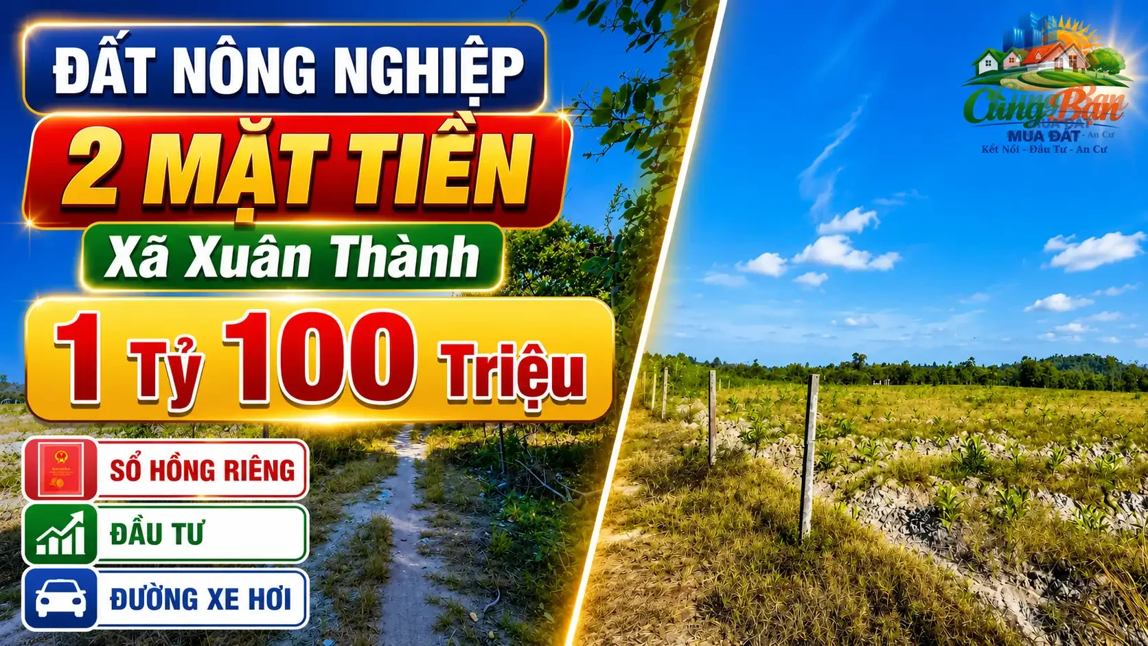 ĐẤT NÔNG NGHIỆP 2 MẶT TIỀN XÃ XUÂN THÀNH ,ĐỒNG NAI, CHỈ 1 TỶ 100 TRIỆU Sổ hồng riêng
