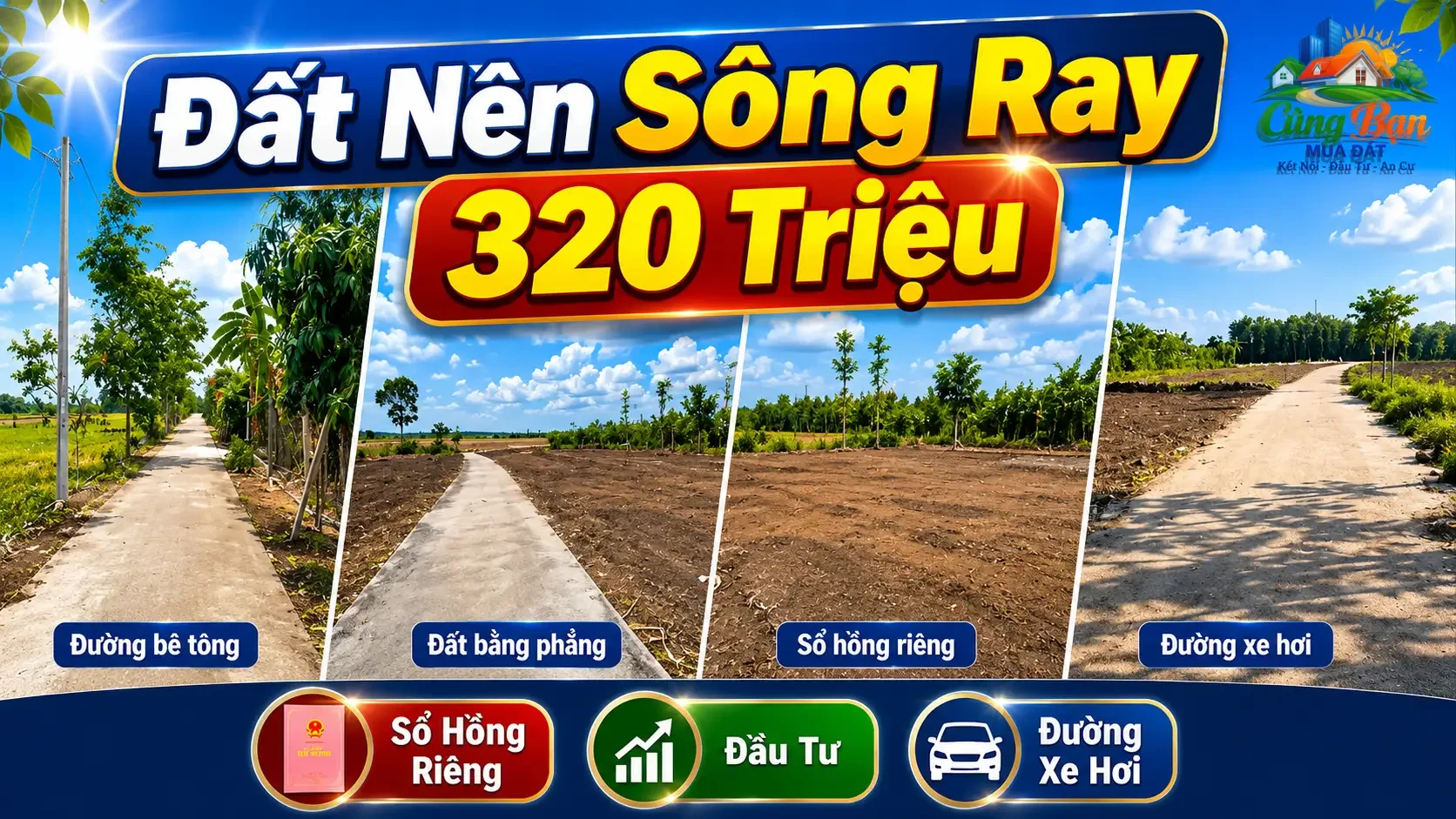 ĐẤT XÃ SÔNG RAY, ĐỒNG NAI CHỈ 320 TRIỆU Sổ hồng riêng | 100% đất ở | Đường bê tông xe hơi tới đất