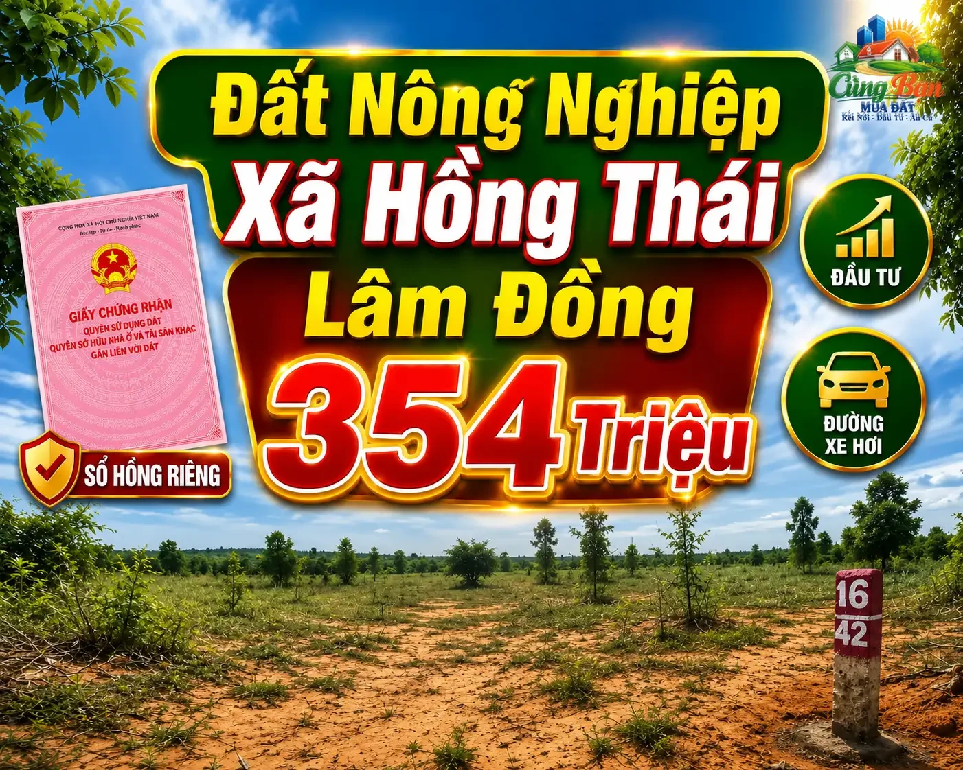 ĐẤT NÔNG NGHIỆP XÃ HỒNG THÁI ,LÂM ĐỒNG, CHỈ 354 TRIỆU Sổ hồng riêng