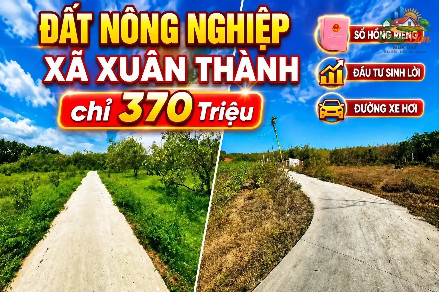 ĐẤT NÔNG NGHIỆP XÃ XUÂN THÀNH ,ĐỒNG NAI, CHỈ 370 TRIỆU Sổ hồng riêng