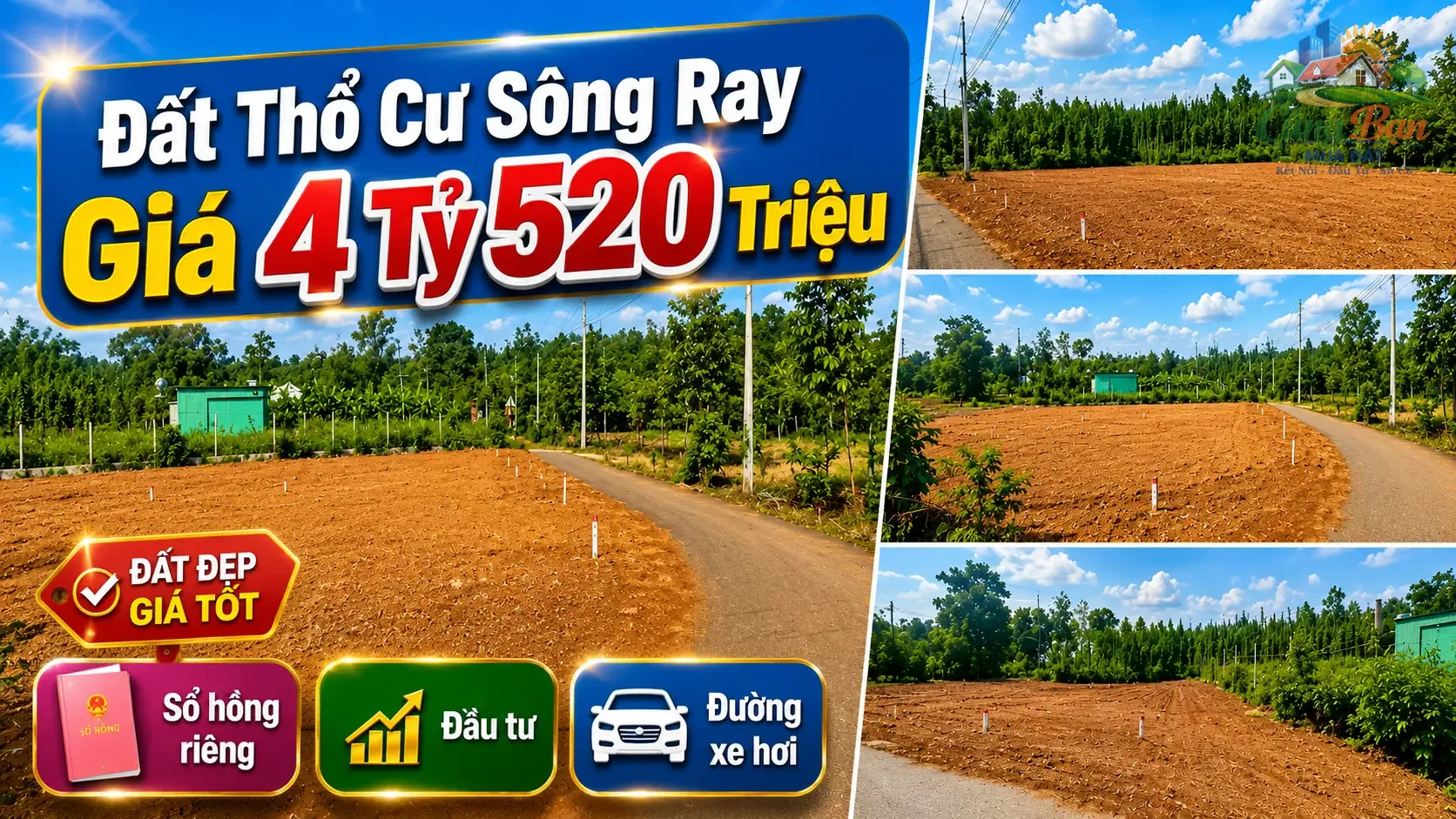 ĐẤT XÃ SÔNG RAY, ĐỒNG NAI 1.286,5 m² 4 TỶ 520 Triệu Sổ hồng riêng | 100% đất ở | Đường nhựa xe hơi tới đất